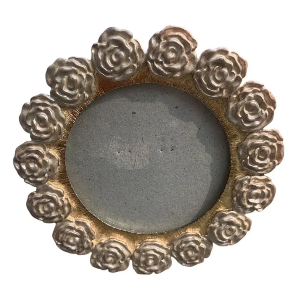 Gold-Tone Rose Design Round Photo Frame With Easel Back 4.5 D Easel Stand